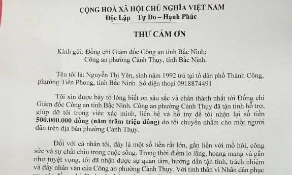 Công an phường Cảnh Thuỵ giúp người dân nhận lại 500 triệu đồng chuyển khoản nhầm